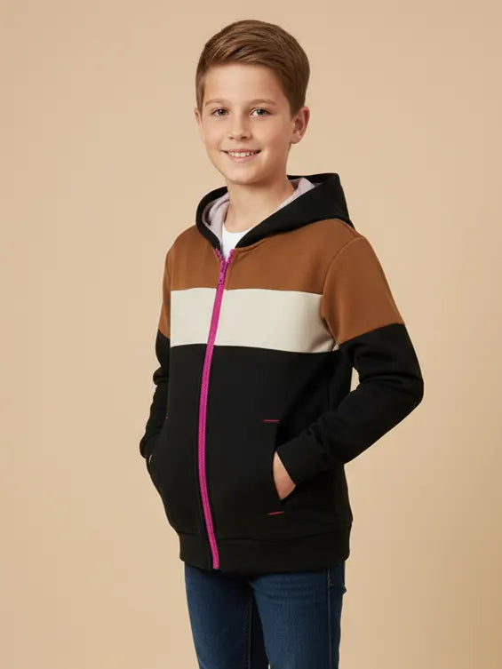NXT Inner Fur Hood Fleece Full Zipper Hoodie For Kids-Black with Brown & Cream Panels-BE2461/BR14488