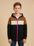 NXT Inner Fur Hood Fleece Full Zipper Hoodie For Kids-Black with Brown & Cream Panels-BE2461/BR14488