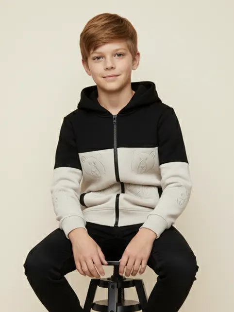 NXT Inner Hood Fur Fleece Full Zipper Hoodie For Kids-Wheat with Black Panels-BE2349/BR14456