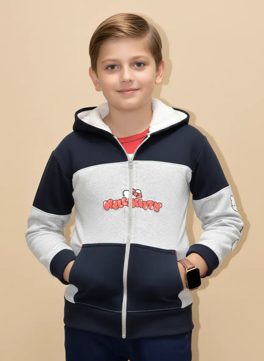 NXT Inner Fur Hood Fleece Full Zipper Hoodie For Kids-Grey Melange with Navy Panels-BE2425/BR14482