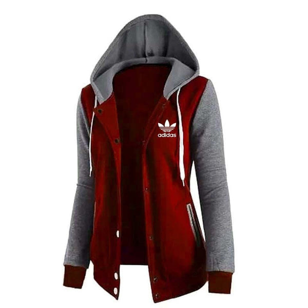 A&S Women's Hoodie-Red With Grey Melange Button Jacket JPO1025