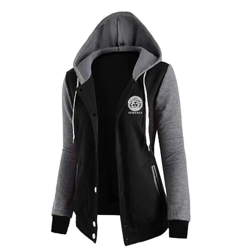 A&S Women's Hoodie-Black With Grey Melange Button Jacket JPO1022