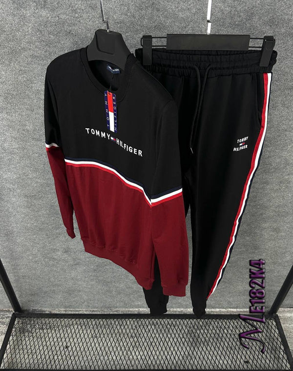 A&S 2-Tone Sweat Style 2-Pcs Winter Tracksuit Men-Black With Red JPO1054