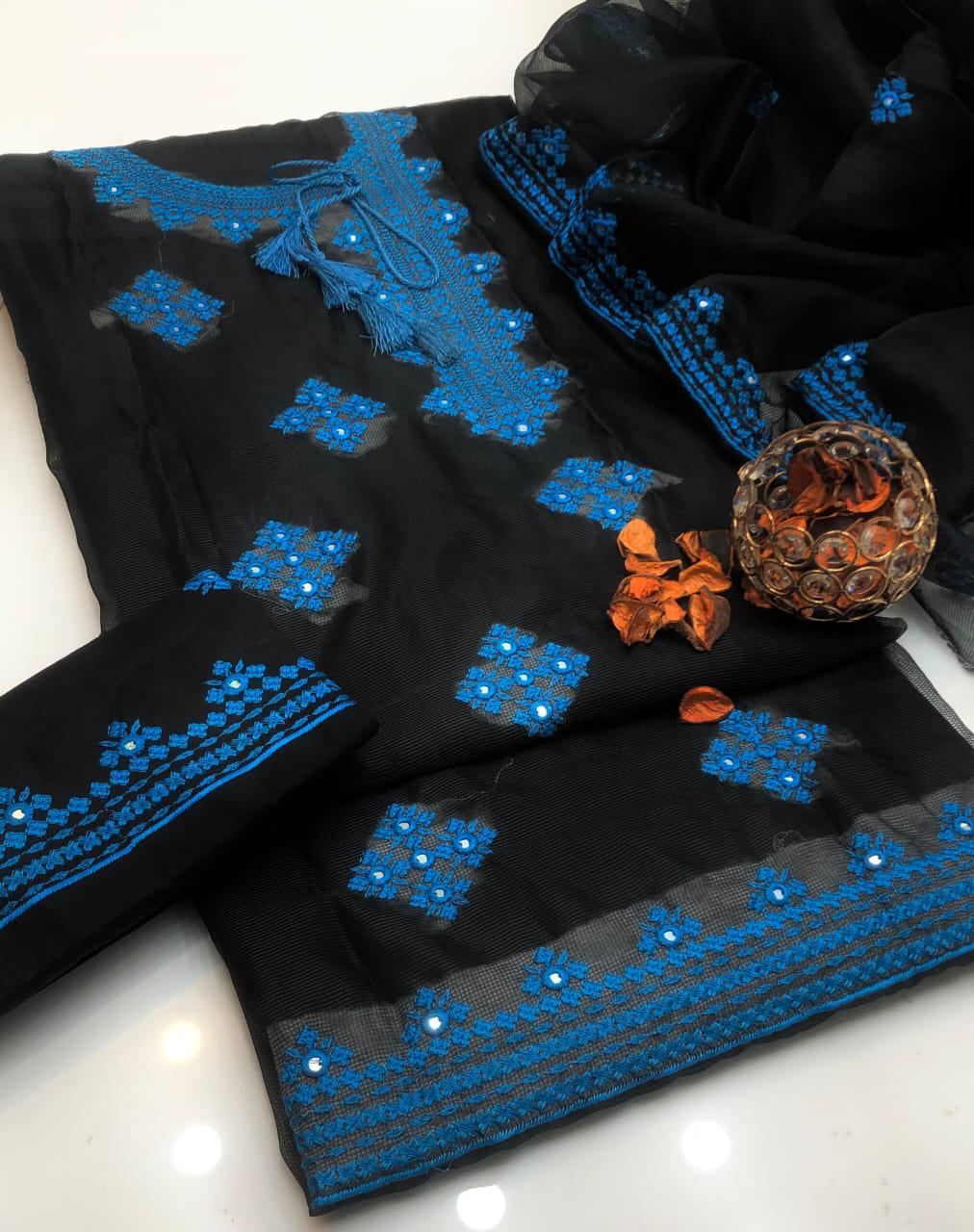 ✨ Baroque New Arrival – K H A A D I - N E T Ladies-Black With Blue Un Stitched 3Pc Dress ✨JPO1005