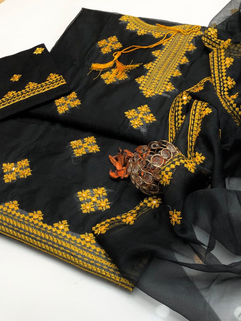 ✨ Baroque New Arrival – K H A A D I - N E T Ladies-Black With Musterd Un Stitched 3Pc Dress ✨JPO1006