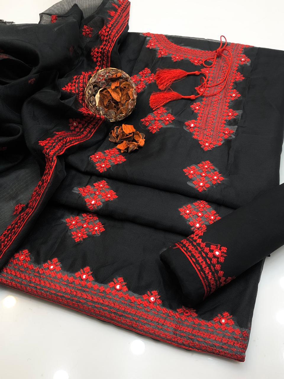 ✨ Baroque New Arrival – K H A A D I - N E T Ladies-Black With Red Un Stitched 3Pc Dress ✨JPO1007