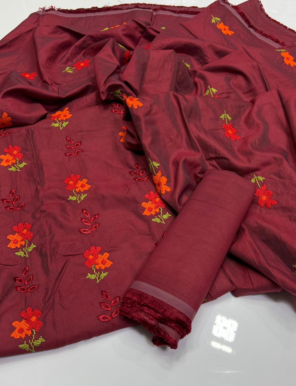 ✨ Baroque Dhanak Stuff Ladies-Maroon With Embroidery 3Pc Dress ✨JPO1011