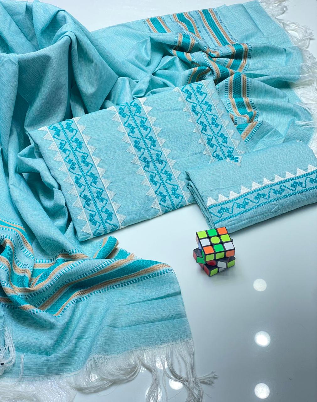 Stuff Soft Slub Khadder Ladies-Sky Blue 3Pcs Dress JPO1015