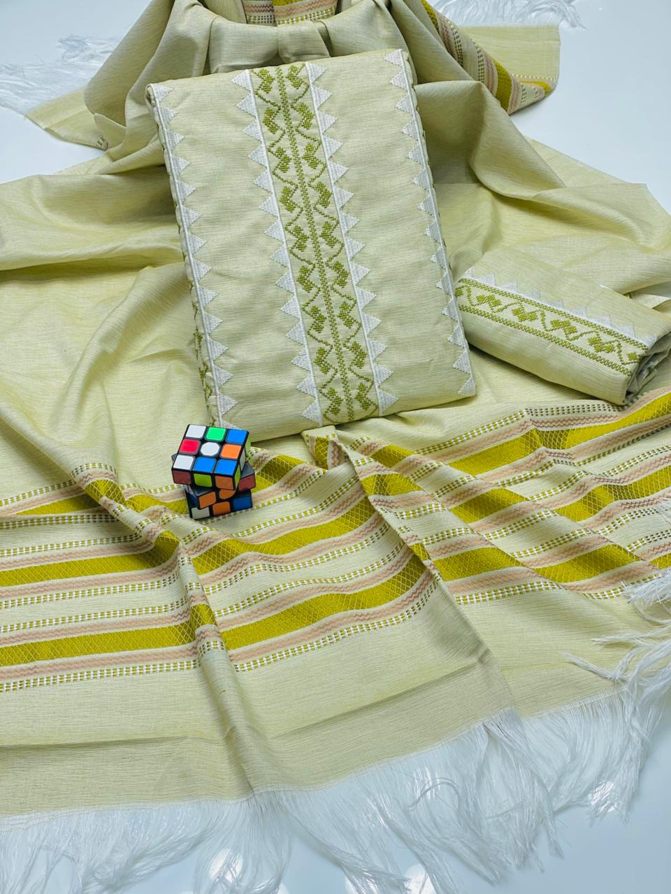 Stuff Soft Slub Khadder Ladies-Yellow 3Pcs Dress JPO1019