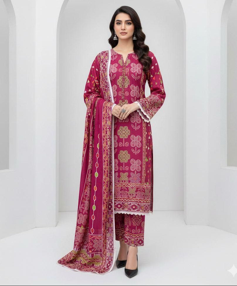 Mix Brand Khaddar Digital Print  Airjet Khadder Ladies-Pink 3Pc Suit JPO1041