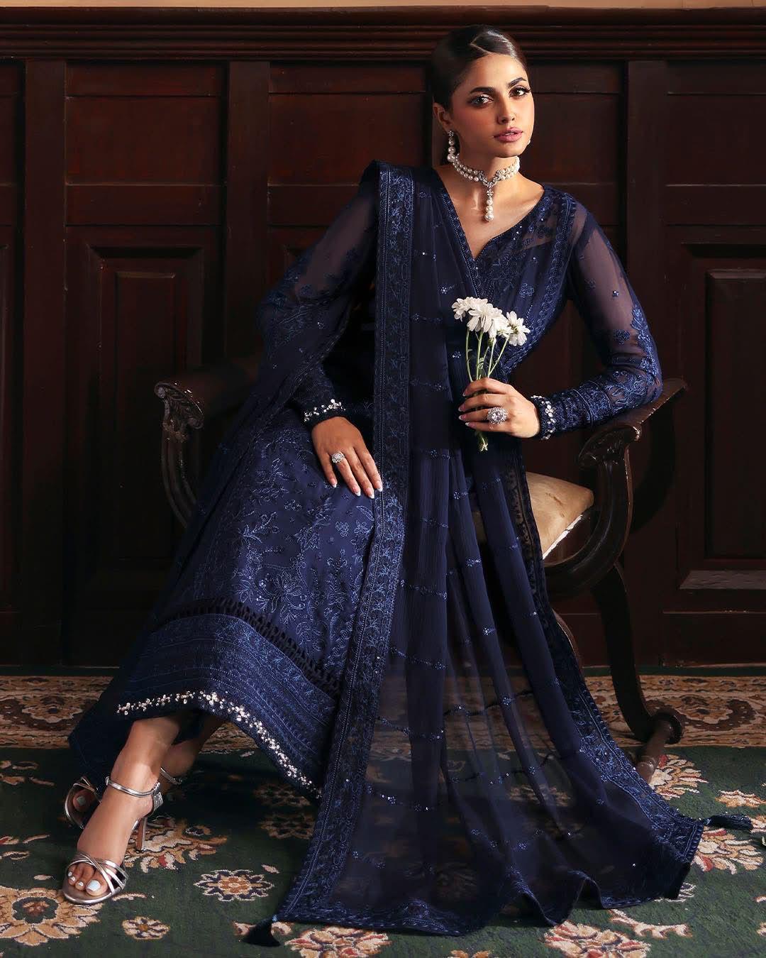 Semi Pure Chiffon Sequence Embroidered Suit For Ladies-Blue JPO1056