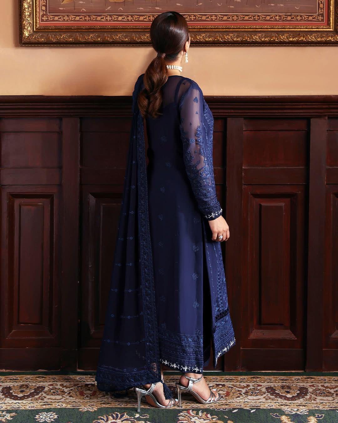 Semi Pure Chiffon Sequence Embroidered Suit For Ladies-Blue JPO1056