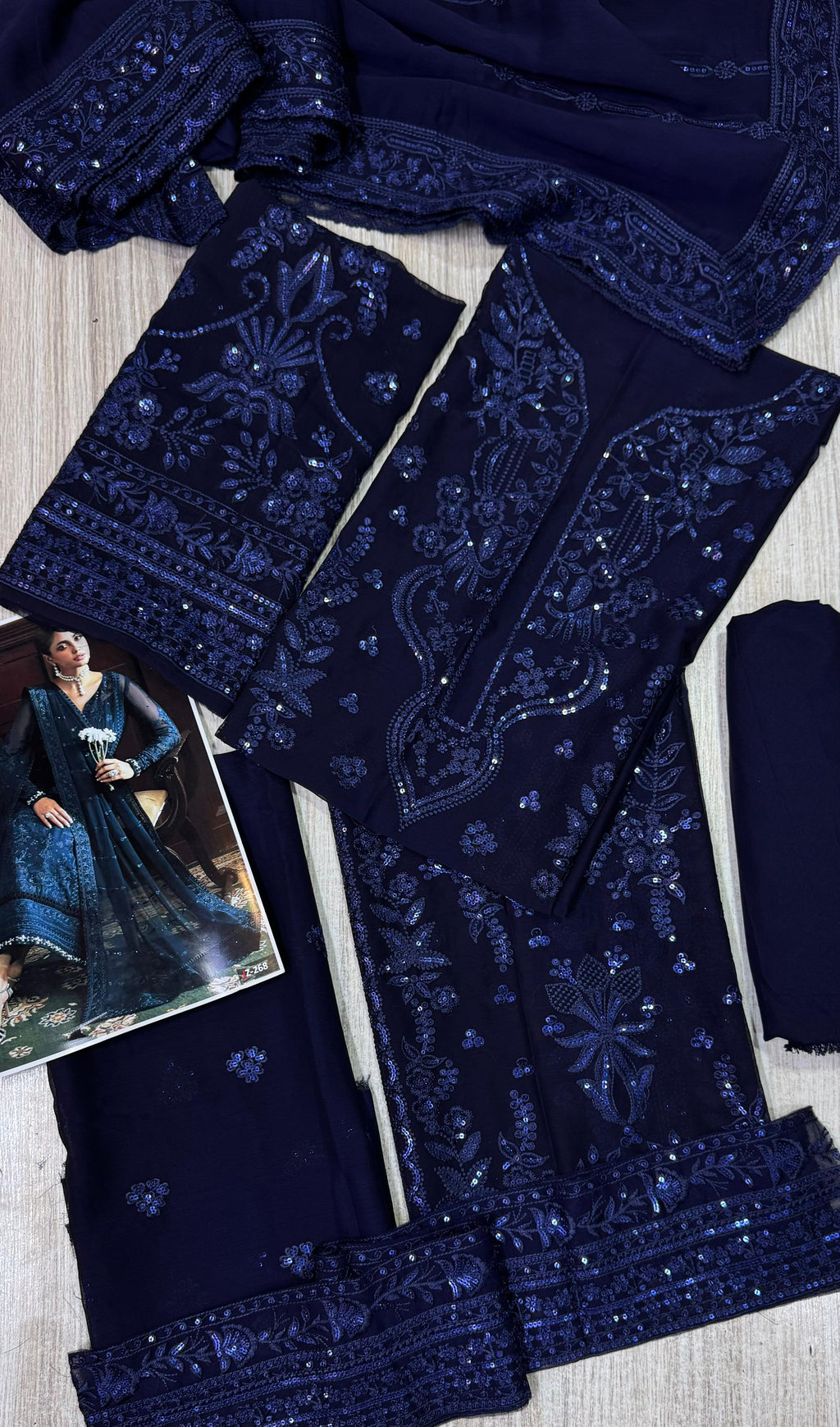 Semi Pure Chiffon Sequence Embroidered Suit For Ladies-Blue JPO1056