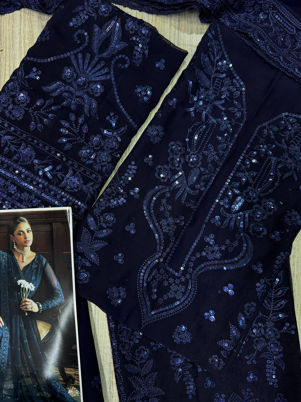 Semi Pure Chiffon Sequence Embroidered Suit For Ladies-Blue JPO1056