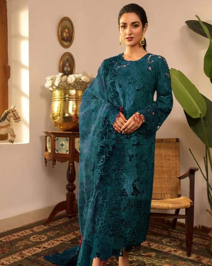 Lawn fully heavy  embroidered scifflie front with heavy embroidered work Unstitch 3Pc Ladies-Blue JPO1058