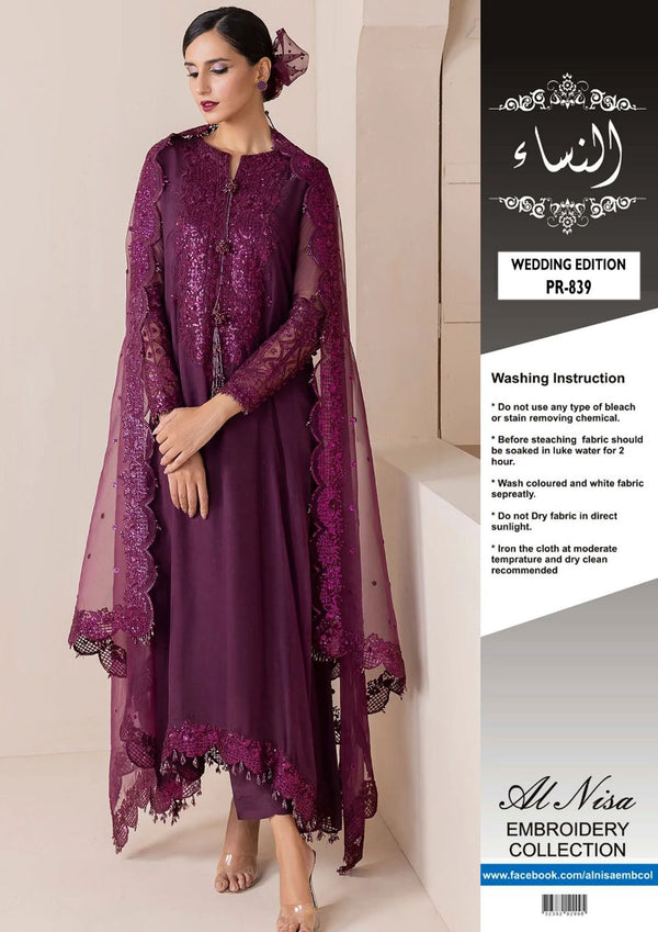 * Chiffon Plain Front * ⁠Embroidered Unstitch 3Pc Suit For Ladies-Purple JPO1059