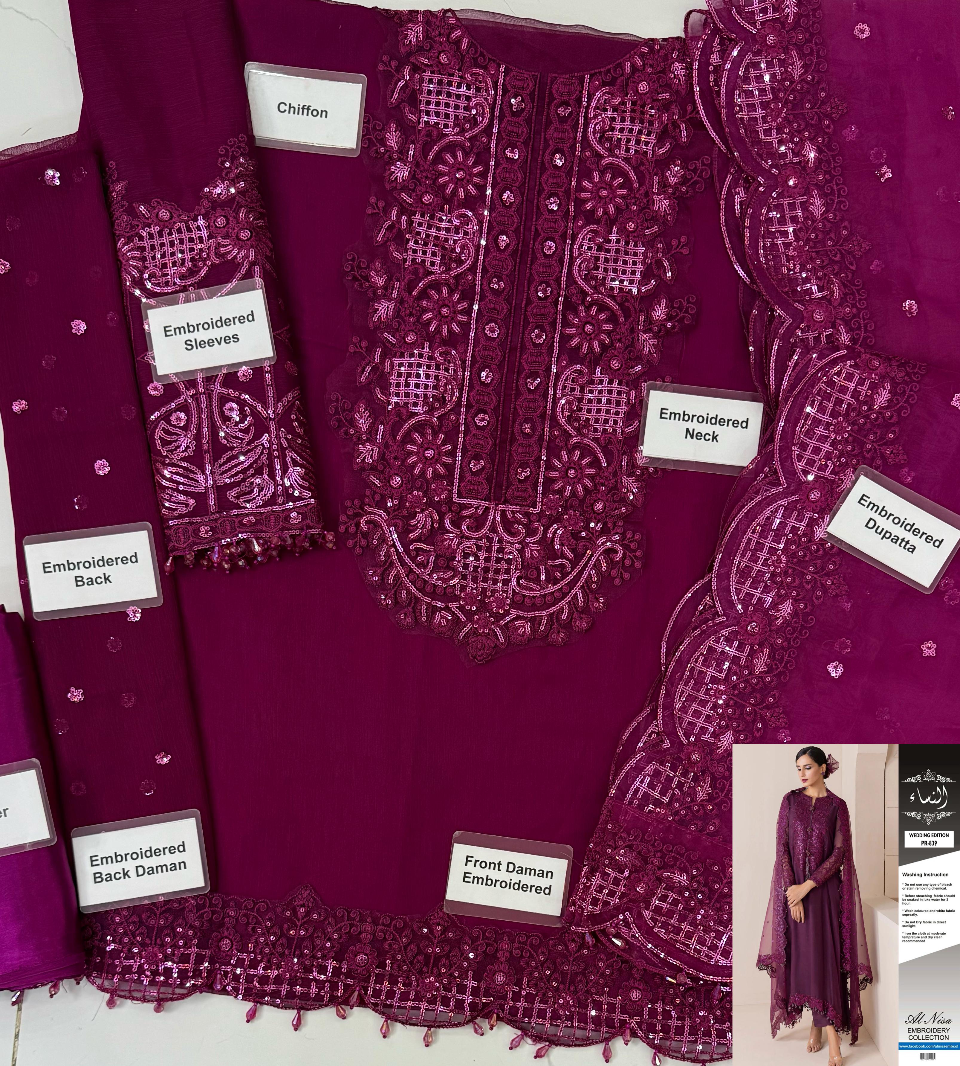 * Chiffon Plain Front * ⁠Embroidered Unstitch 3Pc Suit For Ladies-Purple JPO1059