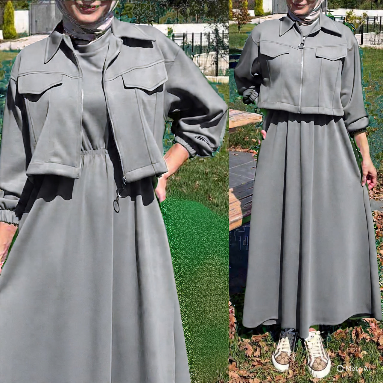 A&S Short Jacket Long Maxi Style 2-Pcs Winter Tracksuit For Ladies-Grey JPO1060