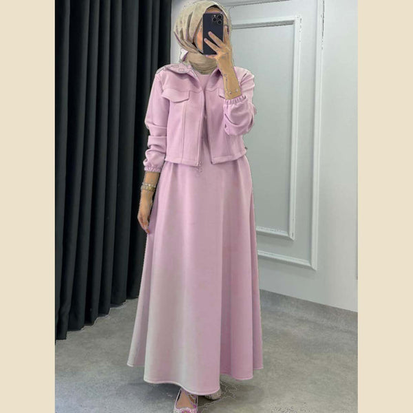 A&S Short Jacket Long Maxi Style 2-Pcs Winter Tracksuit For Ladies-Pink JPO1062