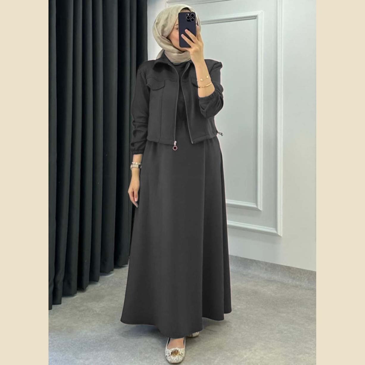 A&S Short Jacket Long Maxi Style 2-Pcs Winter Tracksuit For Ladies-Charcoal JPO1063