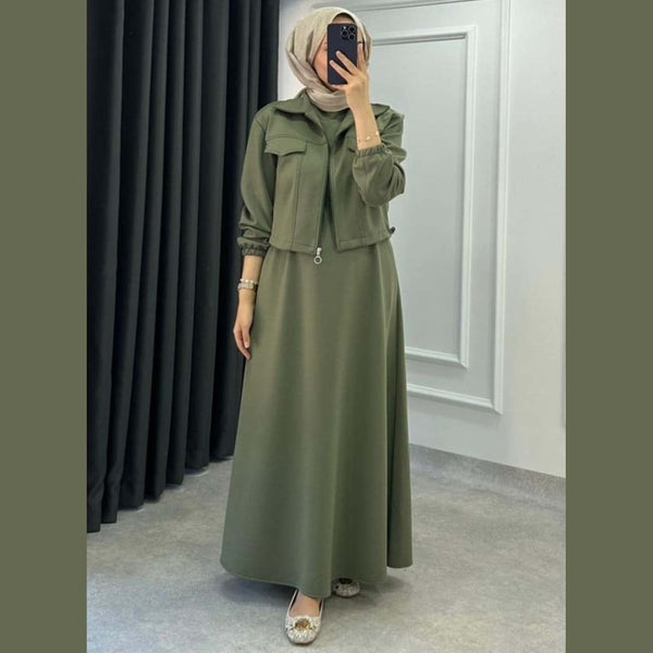 A&S Short Jacket Long Maxi Style 2-Pcs Winter Tracksuit For Ladies-Olive JPO1064