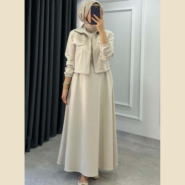 A&S Short Jacket Long Maxi Style 2-Pcs Winter Tracksuit For Ladies-Cream JPO1065