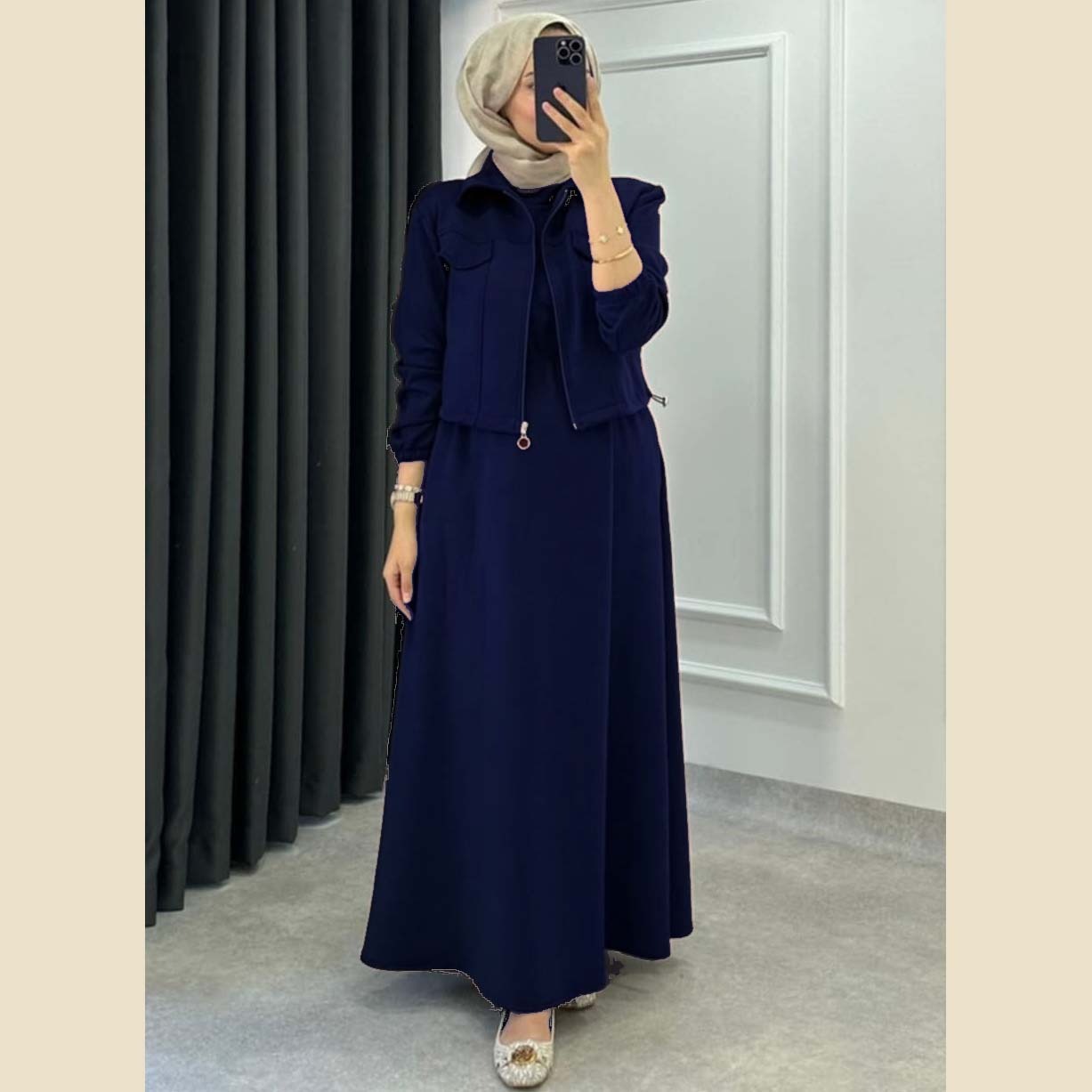 A&S Short Jacket Long Maxi Style 2-Pcs Winter Tracksuit For Ladies-Navy JPO1066