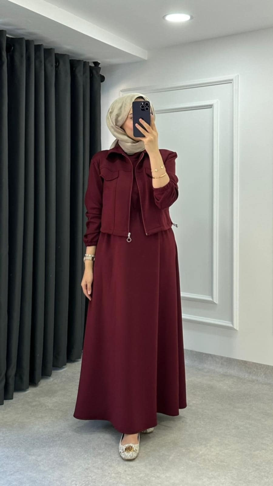 A&S Short Jacket Long Maxi Style 2-Pcs Winter Tracksuit For Ladies-Maroon JPO1067