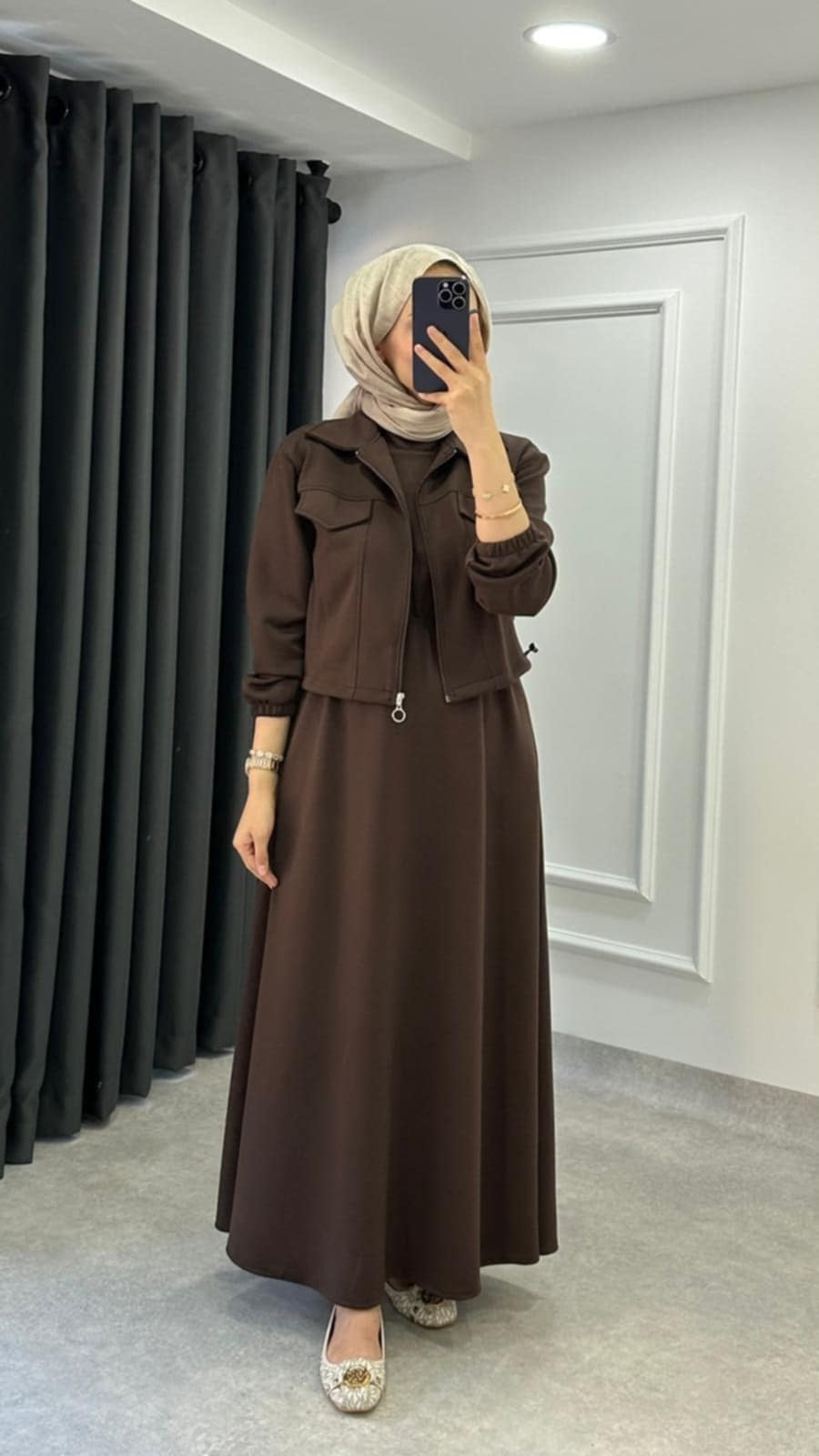 A&S Short Jacket Long Maxi Style 2-Pcs Winter Tracksuit For Ladies-Brown JPO1068