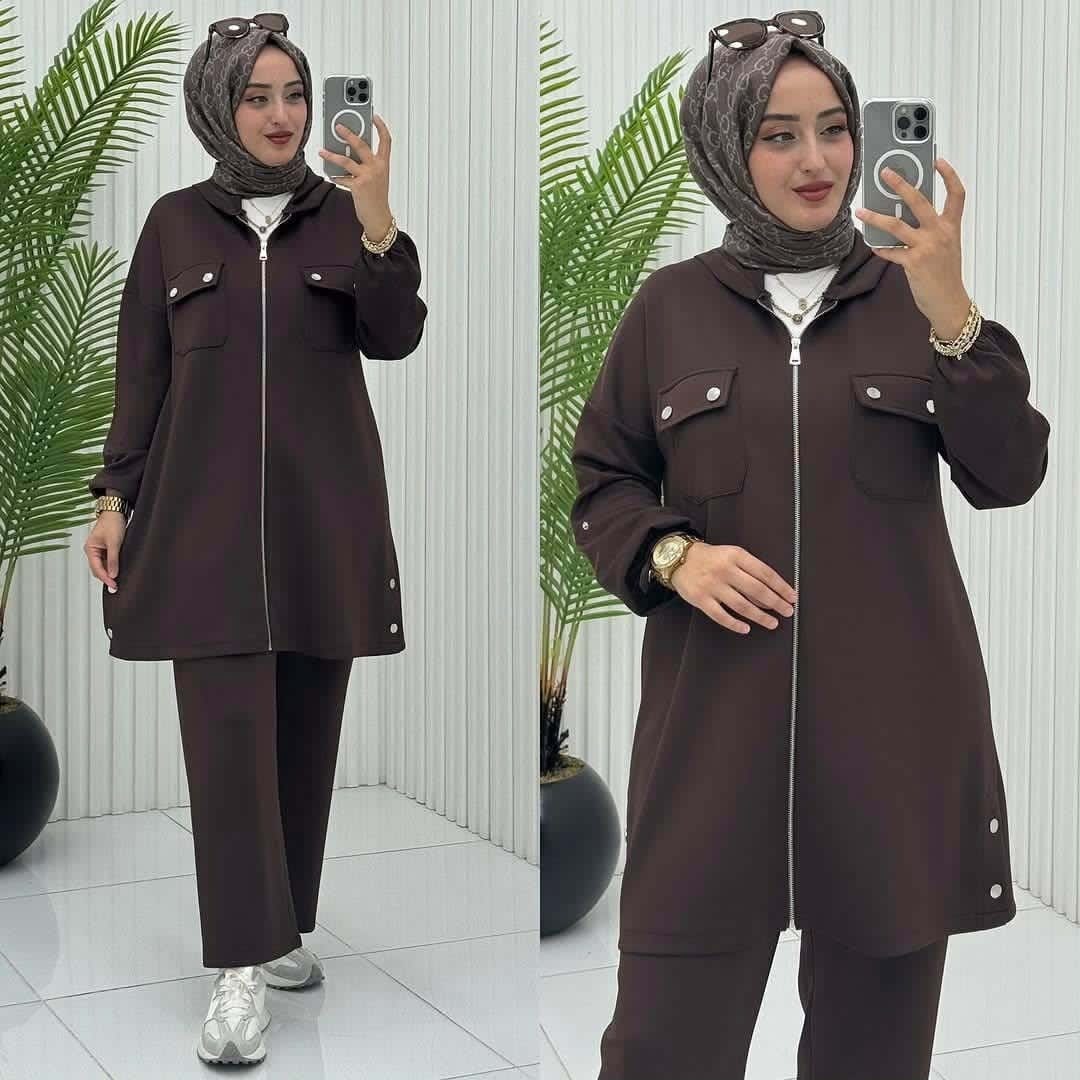 A&S Flap Double-Pocket  Style 2-Pcs Tracksuit For Ladies-brown JPO1069