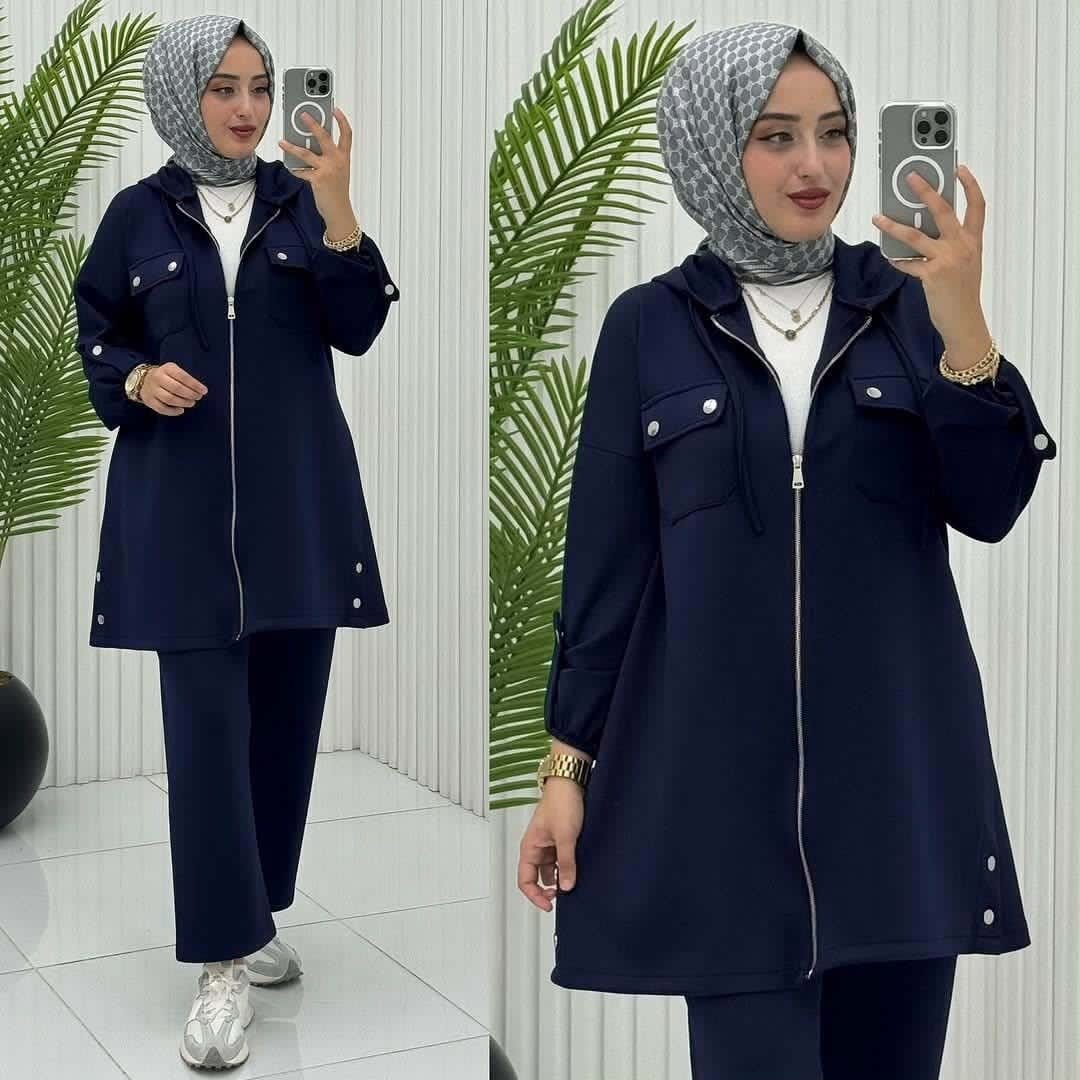 A&S Flap Double-Pocket  Style 2-Pcs Tracksuit For Ladies-Navy JPO1071