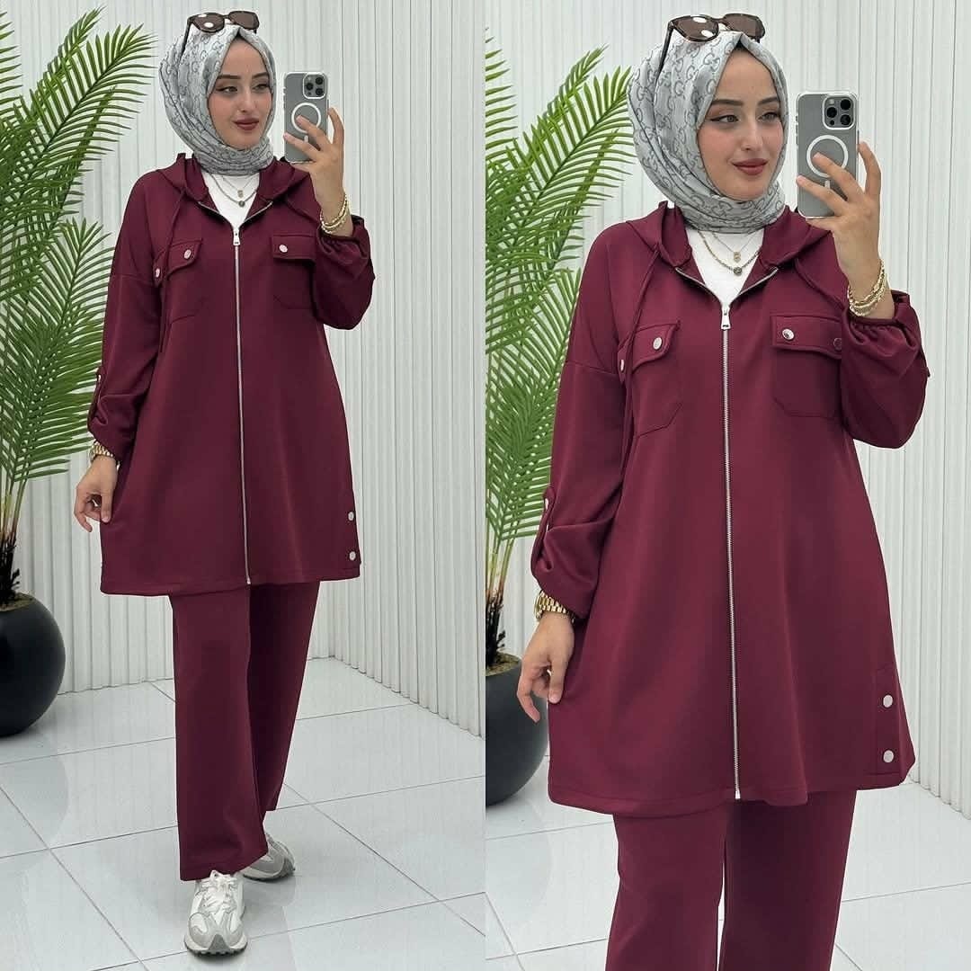 A&S Flap Double-Pocket  Style 2-Pcs Tracksuit For Ladies-Maroon JPO1072