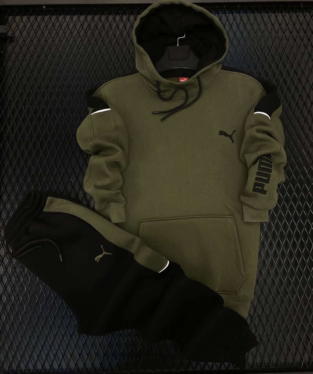 A&S Patch-Work Pullover Style 2-Pcs Winter Tracksuit Men-Olive Green JPO1074