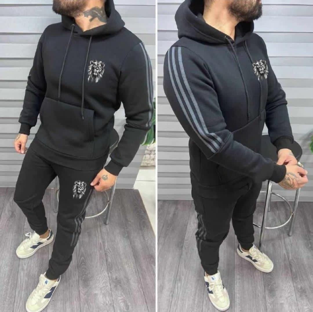 A&S Stripe Pullover Style 2-Pcs Winter Tracksuit Men-Coral Black JPO1078