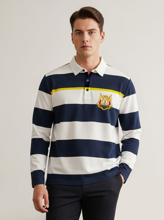 Louis Vicaci Long Sleeve Polo Shirt For Men-White & Navy Stripe-RT1867