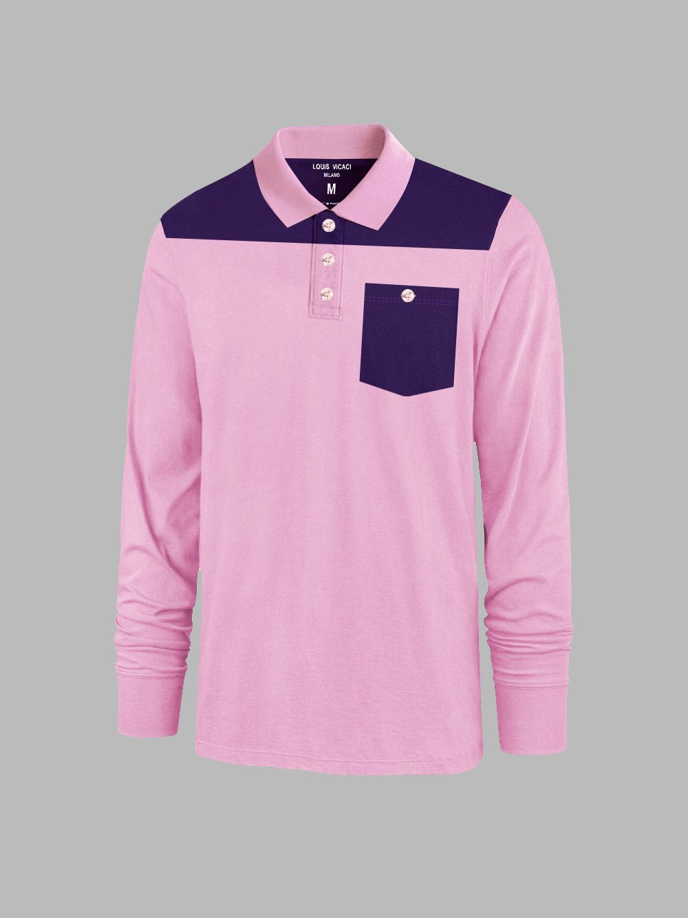 Louis Vicaci Long Sleeve Polo For Men-Light Pink with Purple-BR887